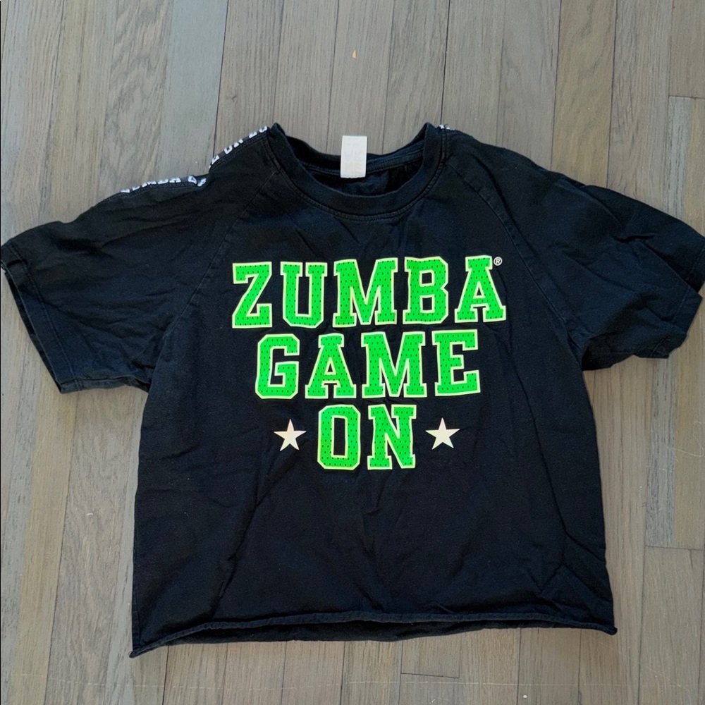 Used Zumba Fitness Black Tee with Vibrant Green Game On Print Sz M